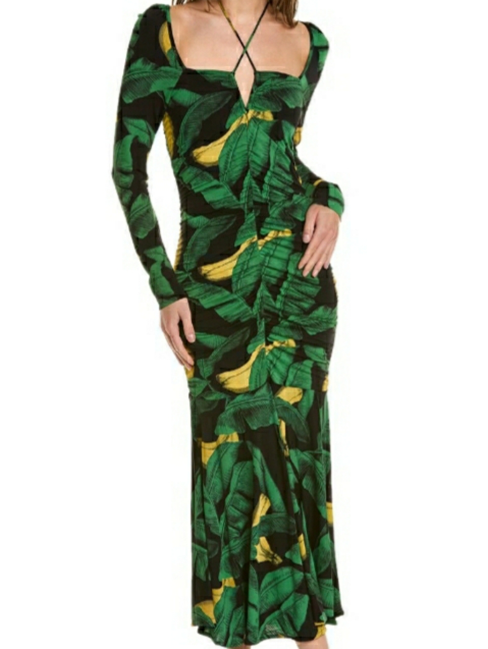 New Tag $445 GANNI Rio Tropical Leaf Ruched Midi Dress 38